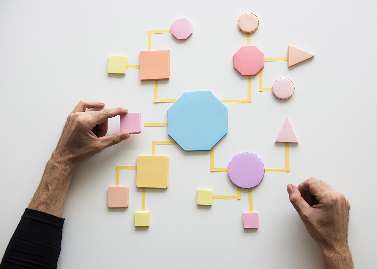 man preparing diagram on wall with marketing and sales strategy as shape map