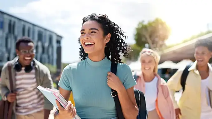 Woman excited going back to school with friends