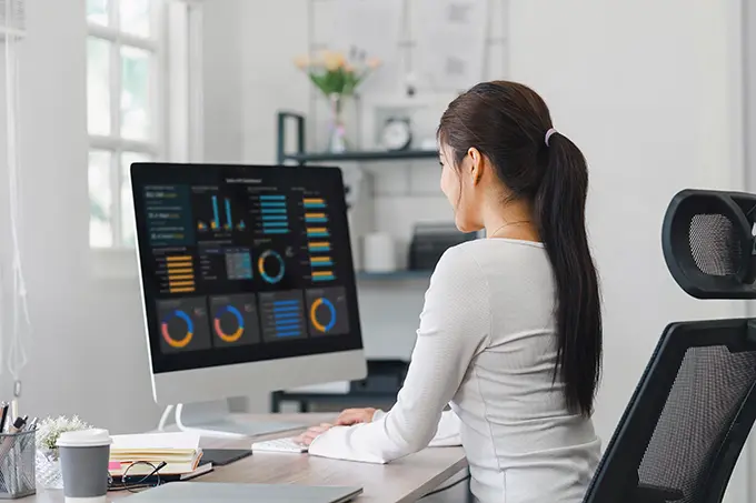 woman using sales database at home