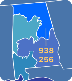 256 and 938 area codes map