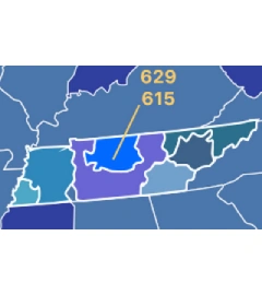 629 and 615 area codes map