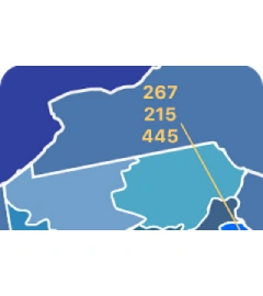 267, 215, and 445  area codes map