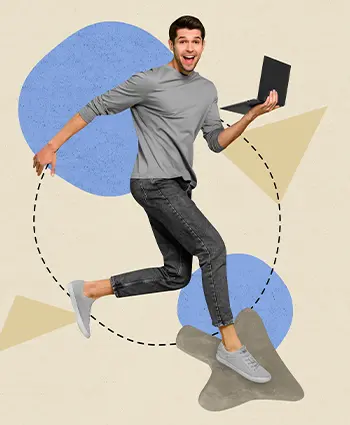 Excited man jumping for joy in an email funnel graphic.