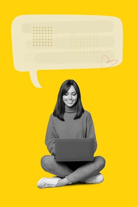 woman-typing-message-on-yellow-background